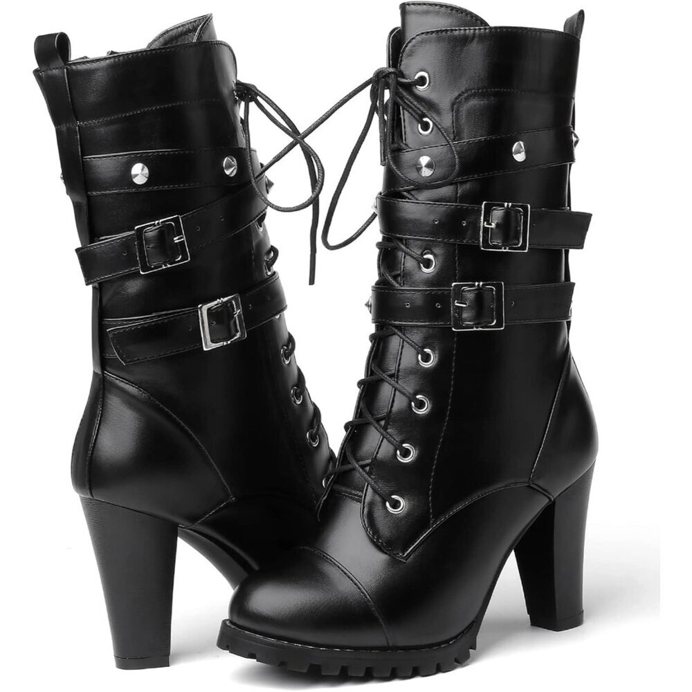 〽️Women's Black Susanny High Heel Platform Lace Up Mid Calf Boots